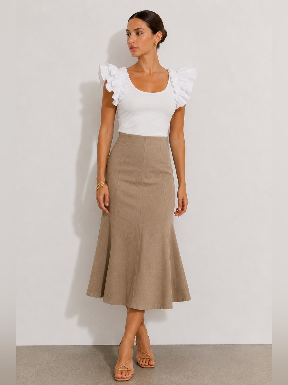 Zara Cotton Linen Blend Flared Midi Skirt | Size Small | Neutral Beige